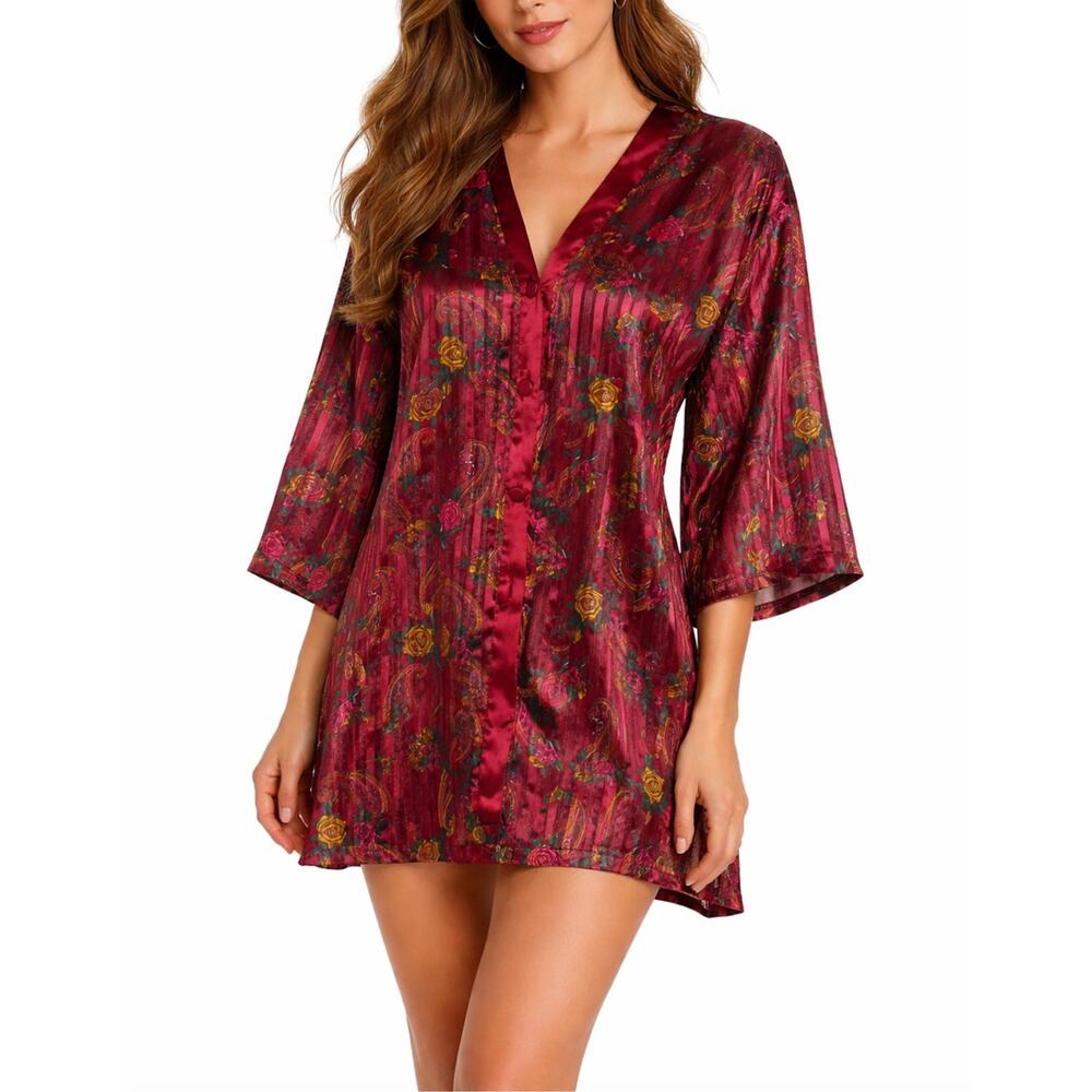Gold Label Vintage Victorias Secret Maroon Satin Floral Slip Teddy Medium